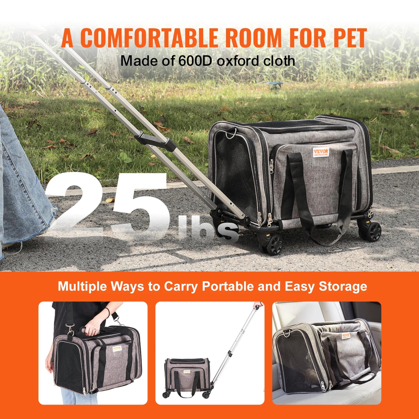 Pet Carrier Bag Breathable with Teles4copic Handle Wheels