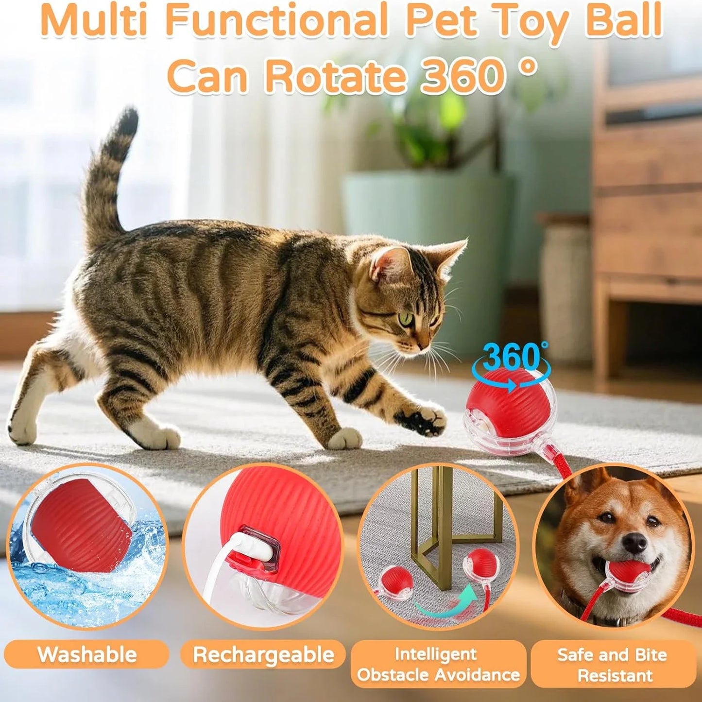 2Pcs Cat Interactive Ball Toys Automatic Rolling Ball Faux Tail
