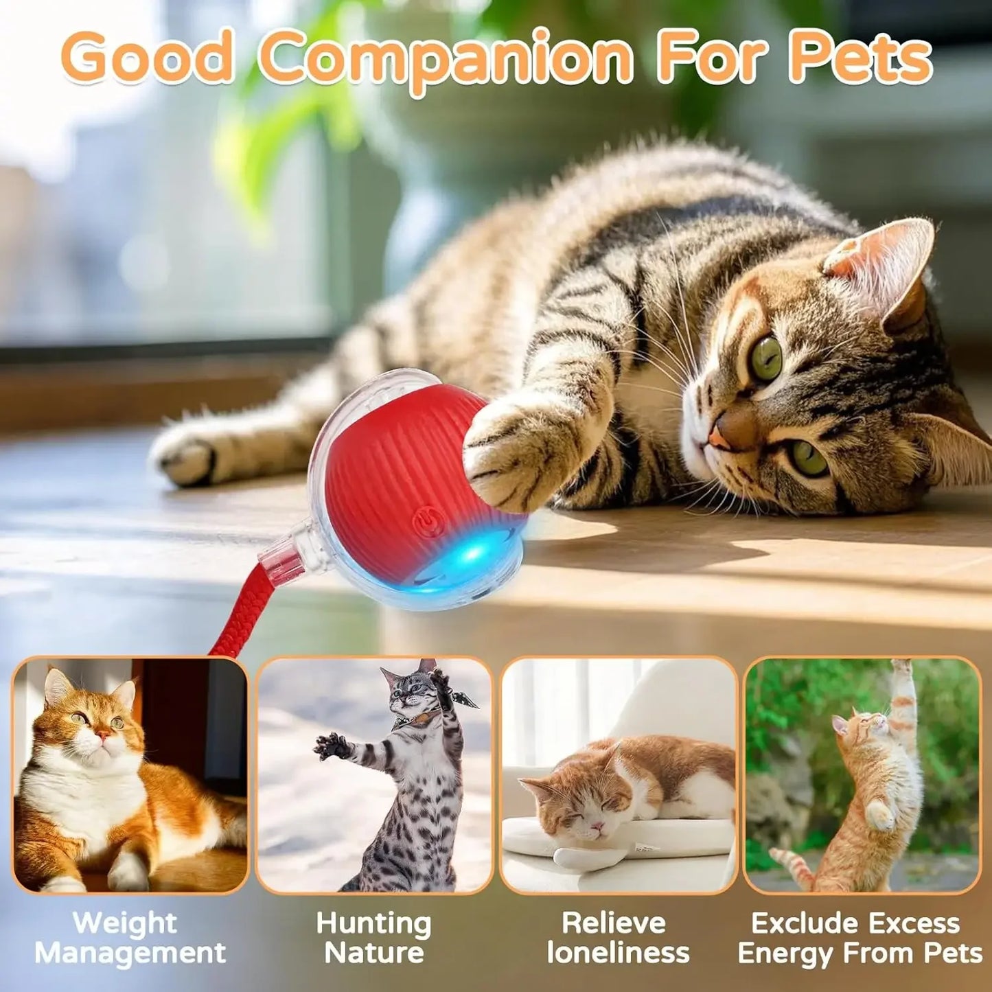 2Pcs Cat Interactive Ball Toys Automatic Rolling Ball Faux Tail