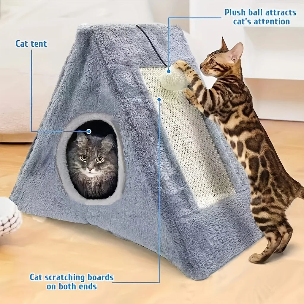 Pet bed suitable for cats  with plush toy ball cat scratching board