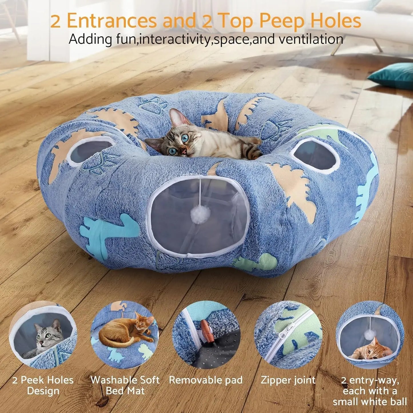 Foldable Cat Tunnel with Washable Bed 4