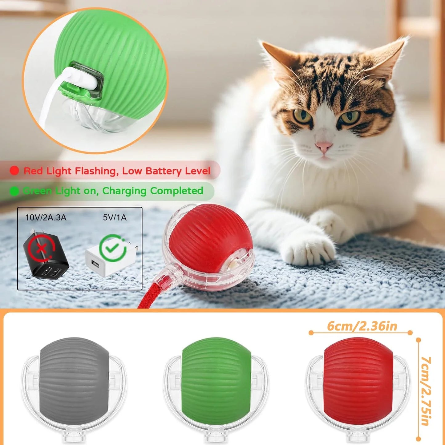 2Pcs Cat Interactive Ball Toys Automatic Rolling Ball Faux Tail